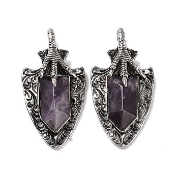 Natural Amethyst Faceted Big Pendants, Dragon Claw with Arrow Charms, with Antique Silver Plated Alloy Findings, 55x27.5x10.5mm, Hole: 6mm