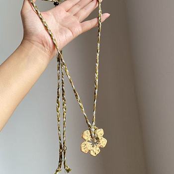 Alloy Textured Flower Pendant Adjustable Cotton Cord Long Necklaces for Women, Golden, 27.56 inch(70cm)