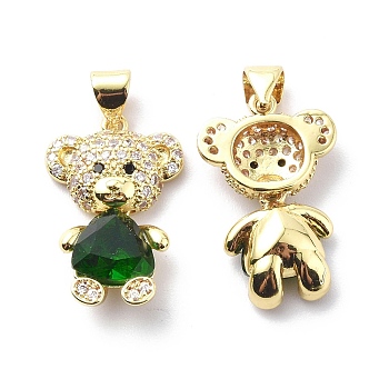 Brass Cubic Zirconia Pendants, Bear with Heart Charm, Real 18K Gold Plated, Dark Green, 21x13.5x5~5.5mm, Hole: 3.5x4.5mm