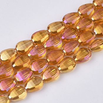 Electroplate Transparent Glass Beads Strands, Faceted, Teardrop, Orange, 8.5x6x3.5mm, Hole: 1mm, about 80pcs/strand, 26.38 inch(67cm)