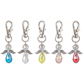 5Pcs 5 Colors Angel Glass Pendant Decoraiton, with Alloy Swivel Lobster Claw Clasps, Mixed Color, 60mm, 1pc/color 