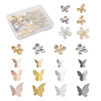 100Pcs Metal Cabochons, Nail Art Decoration Accessories for Women, Butterfly & Flower, Mixed Color, 100pcs/box