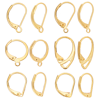 Elite 120pcs 6 style Brass Leverback Earring Findings, with Loops, Golden, 12.5~18x10~12x2mm, Hole: 0.7~3.5mm, 20Pcs/style
