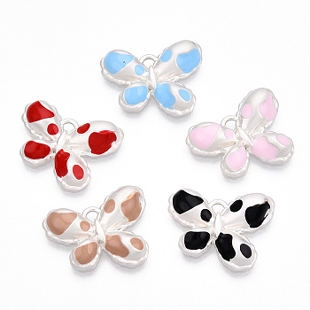 Alloy Enamel Pendants, Lead Free & Cadmium Free, Matte Silver Color, Butterfly Charm, Mixed Color, 15.5x19x4mm, Hole: 1.6mm