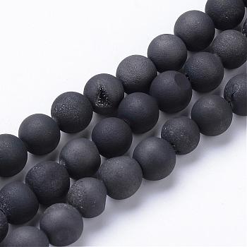 Electroplated Natural Druzy Geode Agate Bead Strands, Matte Style, Round, Black Plated, 10~11mm, Hole: 1mm, about 37~39pcs/strand, 14.9~15.5 inch