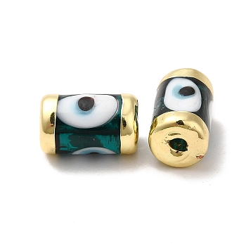 Handmade Evil Eye Lampwork Beads, with Light Gold Tone Brass Findings, Long-Lasting Plated, Lead Free and Cadimum Free, Column, Teal, 14.5~15x9~9.5mm, Hole: 1.8mm