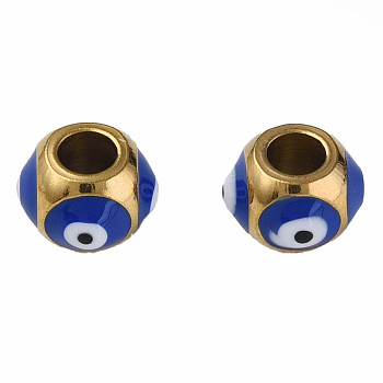 201 Stainless Steel Enamel Beads, Round with Evil Eye, Golden, Dark Blue, 8.5x8.5x6mm, Hole: 3mm