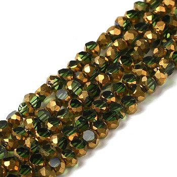 Electroplate Glass Beads Strands, Transparent Color, Half Golden Plated, Faceted, Flat Round, Yellow Green, 4~4.5x3mm, Hole: 1mm, about 74~75pcs/strand, 10.39''~10.75''(26.4~27.3cm)