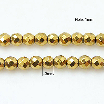 Non-Magnetic Synthetic Hematite Beads Strands, Round, Golden Plated, 3mm, Hole: 1mm