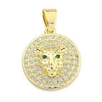 Brass Micro Pave Cubic Zirconia Pendants, Flat Round with Leopard Head Charms, Real 18K Gold Plated, 19.5x17x4.5mm, Hole: 5.5x3mm