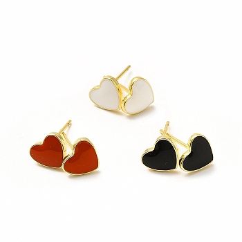 Enamel Heart Stud Earrings, Real 18K Gold Plated Brass Jewelry for Women, Lead Free & Cadmium Free, Mixed Color, 7x8mm, Pin: 0.8mm