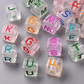 Transparent Clear Acrylic Beads, Horizontal Hole, Cube with Mixed Color Random Letter, Mixed Color, 10x9.5x9.5mm, Hole: 4mm, about 600pcs/500g
