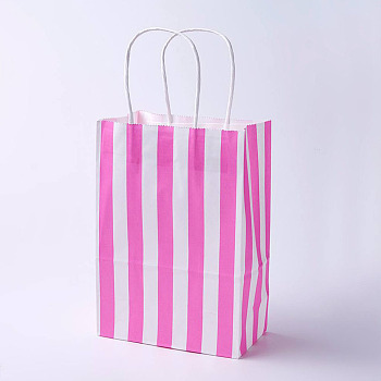 kraft Paper Bags, with Handles, Gift Bags, Shopping Bags, Rectangle, Stripe Pattern, Pink, 33x26x12cm