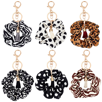 6Pcs Cloth Elastic Scrunchie/Scrunchy Hair Ties Keychain, with Faux Suede Tassel Pendant, for Woman Bag Car Decoration Keychain, Mixed Color, 15cm, 6pcs/set, 1 set/box