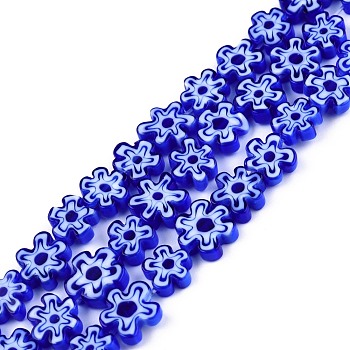 Handmade Millefiori Glass Bead Strands, Plum Bossom, Blue, 7~9x7.5~9x2.5~3mm, Hole: 1mm, about 52~54pcs/strand, 15.75 inch~15.94 inch(40~40.5cm)