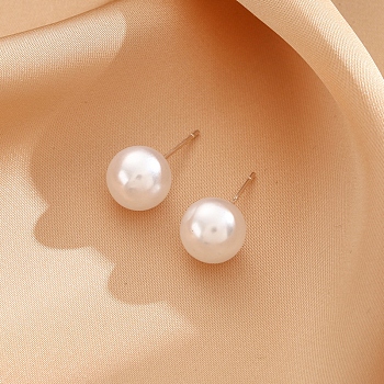 Imitation Pearl Ball Stud Earrings for Women, with 925 Sterling Silver Pin, White, 18x12mm