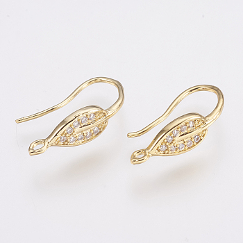 Brass Micro Pave Cubic Zirconia Earring Hooks, with Horizontal Loop, Leaf, Clear, Golden, 21x6mm, Hole: 1.5mm, 20 Gauge, Pin: 0.8mm