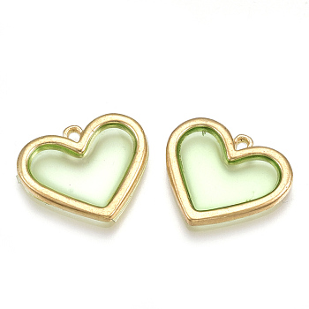 Epoxy Resin Pendants, with Alloy Findings, Heart, Light Gold, Light Green, 15.5x18x1.5mm, Hole: 1.5mm