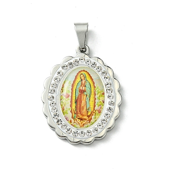 Vacuum Plating 304 Stainless Steel Pendants, with Rhinestone and Enamel, Oval with Virgin Mary Charm, Stainless Steel Color, Beige, 35.5x27x4.5mm, Hole: 9.5x4mm