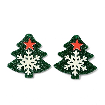 Christmas Printed Acrylic Pendants, with Glitter Powder, Tree with Star & Snowflake, Dark Green, 38.5x36.5x2~2.5mm, Hole: 1.4~1.5mm