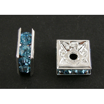 Brass Rhinestone Spacer Beads, Square, Nickel Free, Cyan, Silver Color Plated, 6mmx6mmx3mm, hole: 1mm