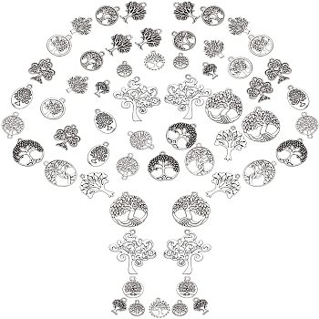 PandaHall Elite 64Pcs 16 Style Tibetan Style Alloy Pendants, Cadmium Free & Nickel Free & Lead Free, Flat Round with Tree of Life, Antique Silver, 13.5~41x10~37x1~2.5mm, hole: 1.2~2mm, 4pcs/style 