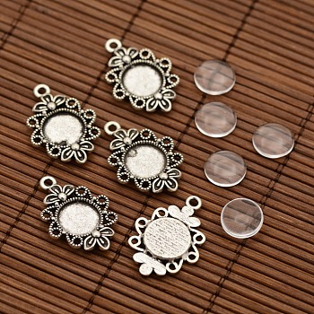 Tibetan Style Filigree Alloy Flower Pendant Cabochon Settings and Transparent Flat Round Glass Cabochons, Antique Silver, Tray: 12mm, 30x21x3mm, Hole: 2mm, Glass Cabochons: 12x4mm