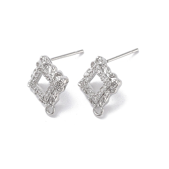 Brass Micro Pave Cubic Zirconia Stud Earring Findings, Rhombus, Real Platinum Plated, 14.5x11.5mm, Hole: 1.2mm, Pin: 0.8mm