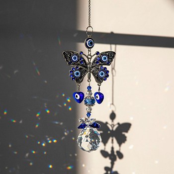Evil Eye Pendant Decorations, Alloy & Glass Hanging Suncatchers, for Home Decoration, Butterfly Pattern, 430mm