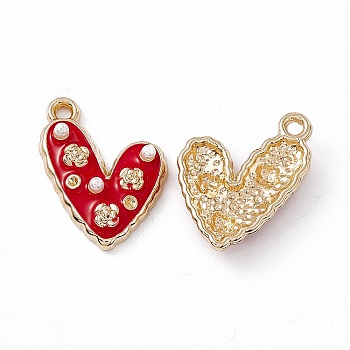 Alloy Enamel Pendants, with ABS Imitation Pearl Beads, Light Glod, Heart with Flower Charm, Red, 21x14.5x4mm, Hole: 1.6mm