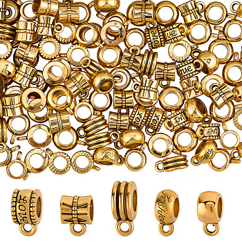 125Pcs 5 Styles Alloy Tube Bails, Loop Bails, Bail Beads, Antique Golden, 9.5~12.5x7~9x5~6.5mm, Hole: 1.6~2mm, Inner Diameter: 4.5~5mm, 25pcs/style