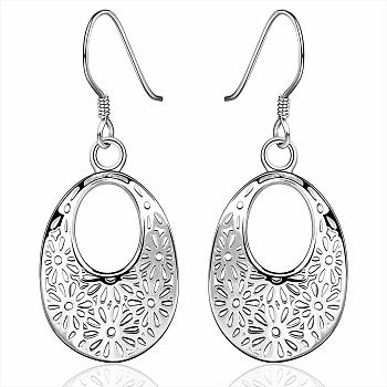 Vogue Design Filigree Oval Brass Dangle Earrings, Silver Color Plated, 42x19mm