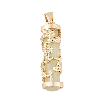 Synthetic Luminous Stone Column Pendants, Golden Plated Alloy Gragon Wrapped Charms, Light Khaki, 35.5x10.5mm, Hole: 6x4.5mm