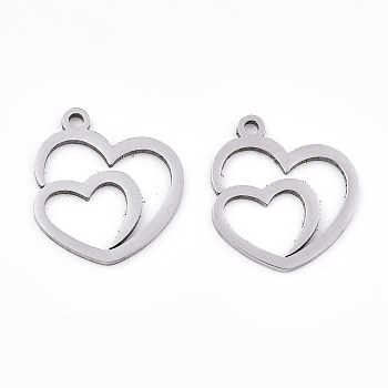201 Stainless Steel Pendants, Laser Cut, Hollow, Heart with Heart, Stainless Steel Color, 16x14x0.9mm, Hole: 1.4mm