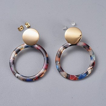 Cellulose Acetate(Resin) Dangle Earrings, with Brass Findings, Plastic Ear Nuts and Brass Ear Nuts, Ring, Colorful, 46~47mm, pin: 0.7mm