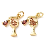 Brass Micro Pave Red Cubic Zirconia Pendants, Wine Cup Charms, Lead Free & Cadmium Free, Rack Plating, Long-Lasting Plated, Real 18K Gold Plated, 17x14.5x3mm, Hole: 3.3mm(CU-E003-02G)