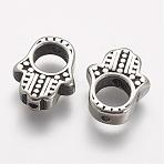 304 Stainless Steel Bead Frames, Hamsa Hand/Hand of Fatima/Hand of Miriam, Antique Silver, 15x11.5x4mm, Hole: 1mm, Inner Diameter: 6mm(STAS-A032-107AS)