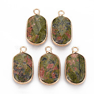 Natural Unakite Pendants, with Golden Plated Brass Edge and Loop, Faceted, Oval, 24x12.5x5.5mm, Hole: 2.5mm(G-S359-296B)