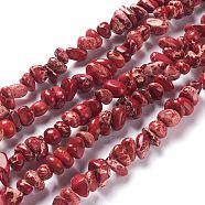 Natural Imperial Jasper Bead Strands, Dyed, Chips, Red, 6~10x5~8x4~6mm, Hole: 1.2mm, about 79pcs/strand, 15.75 inch(40cm)(X-G-P444-05D)