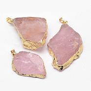 Natural Madagascar Rose Quartz Crystal Pendants, Nuggets, with Brass Finding, Golden, 45~63x26~33x9~10mm, Hole: 5x8mm(G-G895-05G)