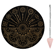 AHADEMAKER 1Pc Cone/Spike/Pendulum Natural Rose Quartz Stone Pendants, 1Pc 304 Stainless Steel Cable Chain Necklaces, 1Pc PVC Custom Pendulum Board, Dowsing Divination Board, Chakra Theme, Board: 200x4mm(DIY-GA0004-59G)