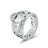 Titanium Steel Hollow Finger Rings for Men Women, Heart Crown Claddagh Ring, Stainless Steel Color, US Size 12(21.4mm)(PW-WG73405-04)