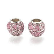 Alloy European Beads, Large Hole Beads, with Enamel, Rondelle with Heart, Platinum, Pearl Pink, 11x10mm, Hole: 5mm(MPDL-S066-024)