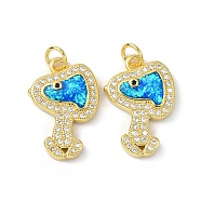 Brass Micro Pave Cubic Zirconia Pendants, with Synthetic Opal and Jump Ring, Real 16K Gold Plated, 20x14x3mm, Hole: 3.5mm(KK-A197-08G)