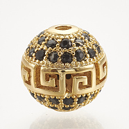 Brass Micro Pave Cubic Zirconia Beads, Hollow, Round,  Black, Golden, 10mm, Hole: 1.6mm(ZIRC-S061-54G)