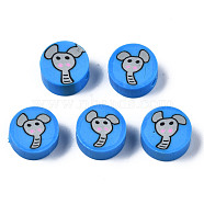 Handmade Polymer Clay Beads, for DIY Jewelry Crafts Supplies, Flat Round with Elephant, Dodger Blue, 9~9.5x3.5~5mm, Hole: 1.6mm(CLAY-N008-036B)