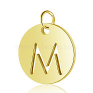 304 Stainless Steel Charms, Flat Round with Letter, Golden, Letter.M, 12x1mm, Hole: 2.5mm(STAS-S105-T514G-M)