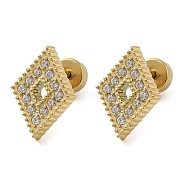 304 Stainless Steel Stud Earrings with Rhinestone, Hollow Rhombus, Real 14K Gold Plated, 11x7.5mm(EJEW-G364-11G)
