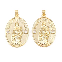 Brass Micro Pave Clear Cubic Zirconia Pendants, Oval with Virgin Mary Charms, Long-Lasting Plated, Rack Plating, Lead Free & Cadmium Free, Real 18K Gold Plated, 34x23x2mm, Hole: 3.5x5mm(KK-L275-59G-01)