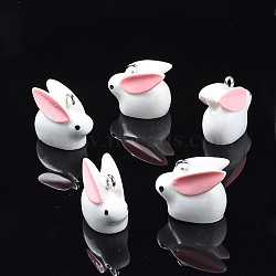 Opaque Resin Pendants, with Platinum Tone Iron Loop, 3D Rabbit, White, 16x19x11mm, Hole: 1.8mm(X-RESI-S356-069)